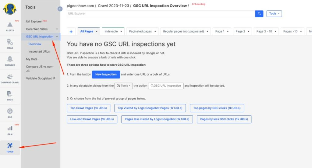 بازرسی URL GSC در JetOctopus